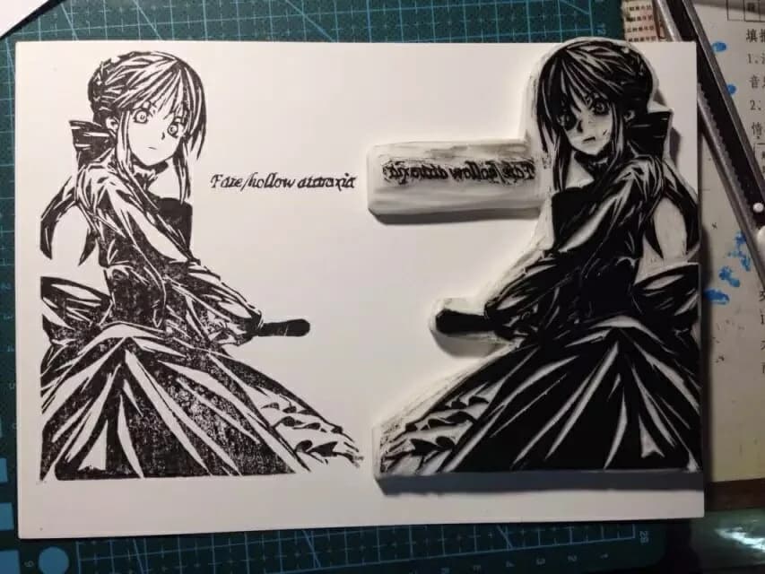 Hand-carved Fate rubber stamp artwork